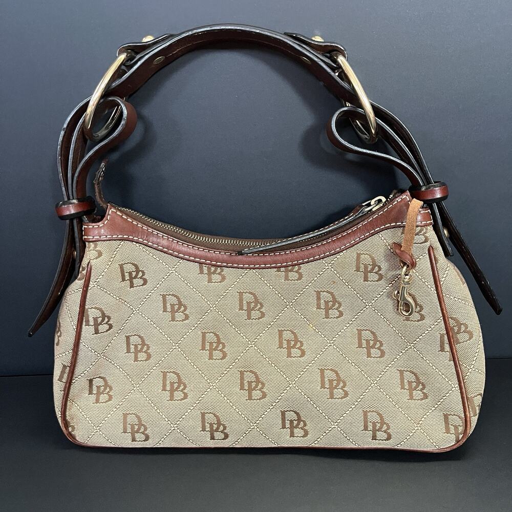 Dooney & Bourke Signature Canvas Hobo Shoulder Bag Small Tan Brown Monogram
